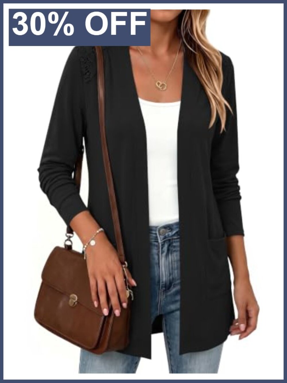 Lightweight Open Front Cardigan Lace Shoulder Long Sleeve Sweater